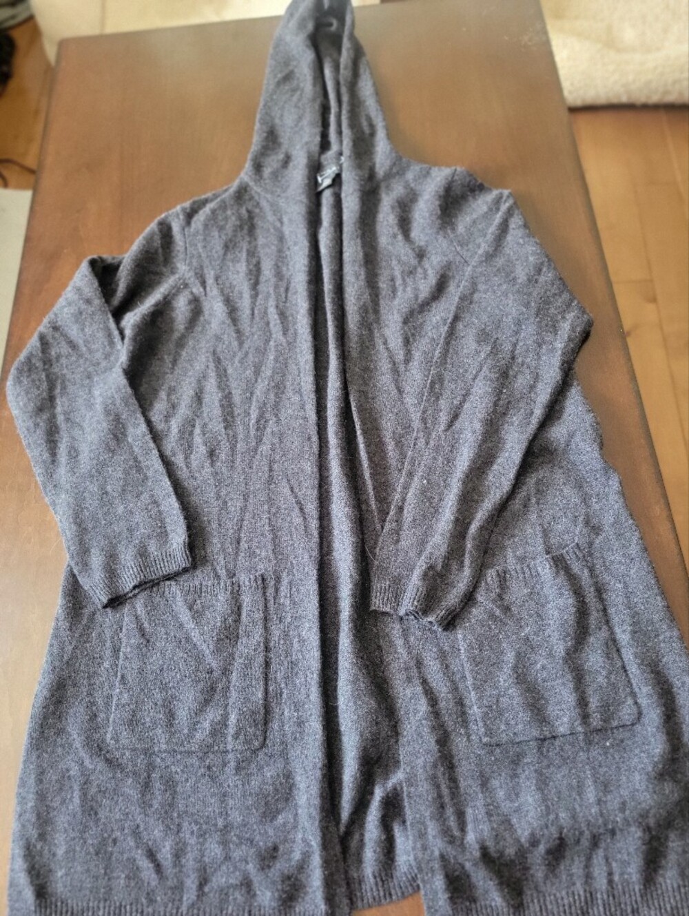 Tahari 100% Cashmere Hooded Cardigan Sweater Gray Womens Larg Open Front Pockets